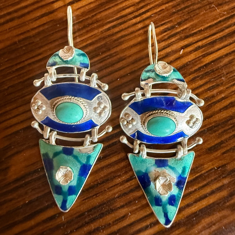 Vintage Thousand Flowers Enamel Sterling Silver Earrings